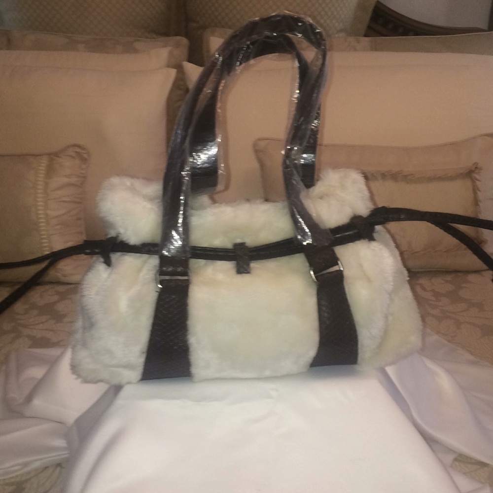 SR Faux-Fur Dark Brown Snakeskin Trim Shoulder Bag